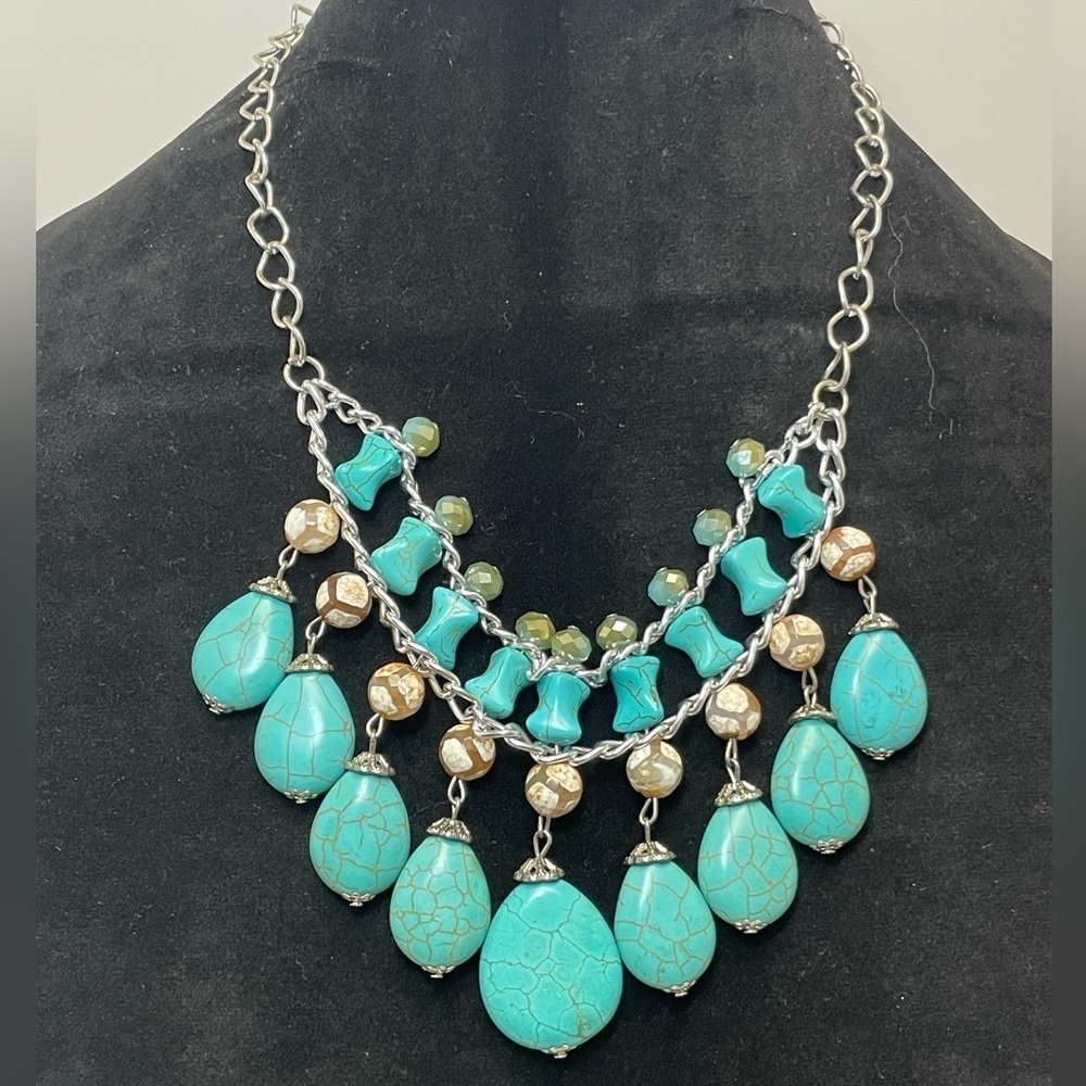 Multi-layer Faux Turquoise Bead Silver Tone Necklace - Picture 3 of 6